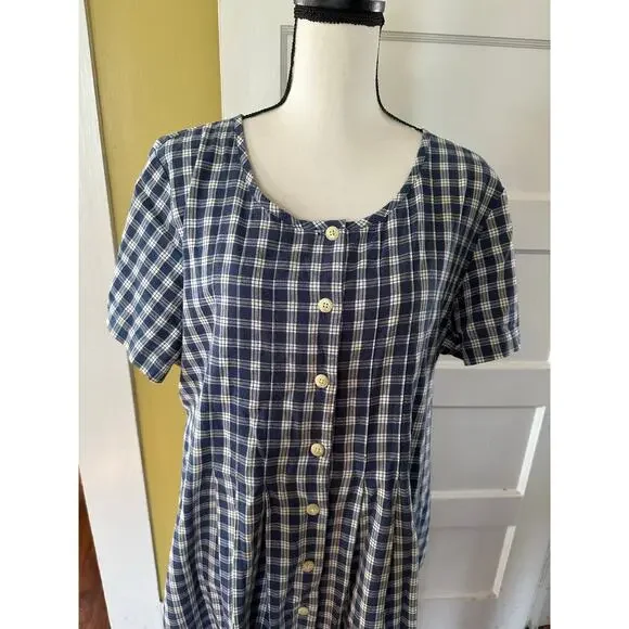 vintage L.L. Bean 100% Cotton Blue Plaid Button Front Cottagecore Dress Petite - Picture 3 of 15